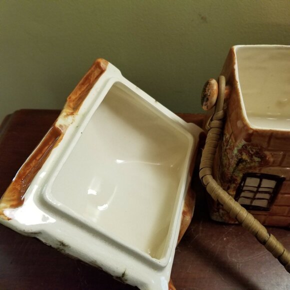 Ye Olde Cottage England Biscuit Cookie Jar Price Bros Cottage Ware Wicker Handle - Picture 8 of 9